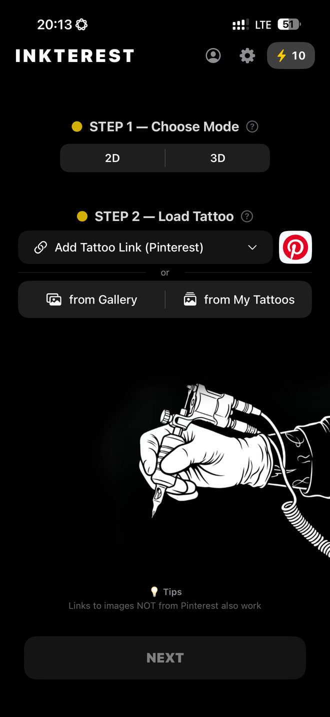 Écran d'accueil d'INKterest : choisir le mode 2D ou 3D et charger un tatouage depuis Pinterest, un lien ou la galerie